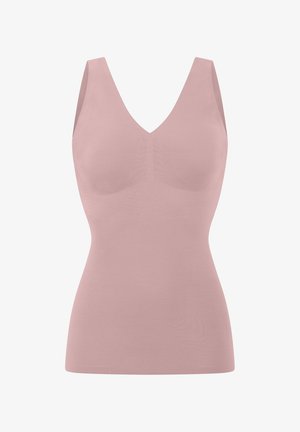 Light pink sleeveless top with a v-neck design. Smooth texture, fitted shape, and no visible hardware or patterns.