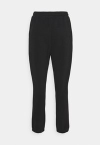 Black jogger pants made of soft fabric, featuring an elastic waistband, tapered legs, and ribbed cuffs at the ankle. No pockets or patterns.