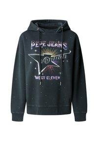 Hoodie noir en polaire, avec un imprimé graphique comportant "Pepe Jeans London" et "West Eleven", capuche avec cordon de serrage et accents étoilés.