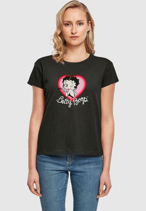 Black t-shirt featuring a graphic of Betty Boop inside a heart, with white lettering and a casual, relaxed fit design.