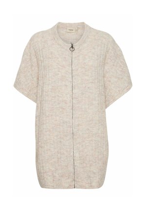 Helles beige Cardigan mit kurzen Ärmeln, gerippter Textur, Frontreißverschluss und seitlichen Schlitzen. Kontrastierende dunkle Nähte entlang des Reißverschlusses.