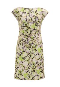 Robe à manches cape en tissu léger, présentant un motif abstrait vert, noir et lavande avec des détails froncés à la taille.