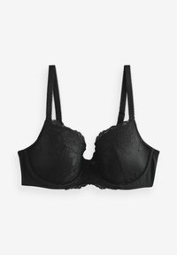 Soutien-gorge en dentelle noire avec bonnets rembourrés, motif floral, bretelles réglables et fermeture à agrafes dans le dos. Texture lisse dans l'ensemble.