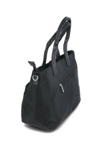 Black tote bag with dual handles, nylon material, zippered pocket on front, and a smooth texture. Features a metal accent near the handle.