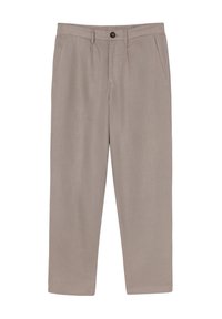 Hellbeige Hose aus einem glatten, strukturierten Stoff. Sie verfügt über einen Knopfverschluss, zwei Vordertaschen und ein gerades Bein-Design.