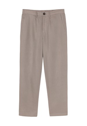 Pantaloni beige chiaro realizzati in un tessuto liscio e strutturato. Presentano una chiusura con bottone, due tasche frontali e un design a gamba dritta.