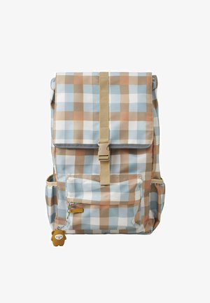Rutet rygsæk i blå, brun og crème farver; har en frontlomme, justerbare stropper og en lynlåspuller i bjørneform.