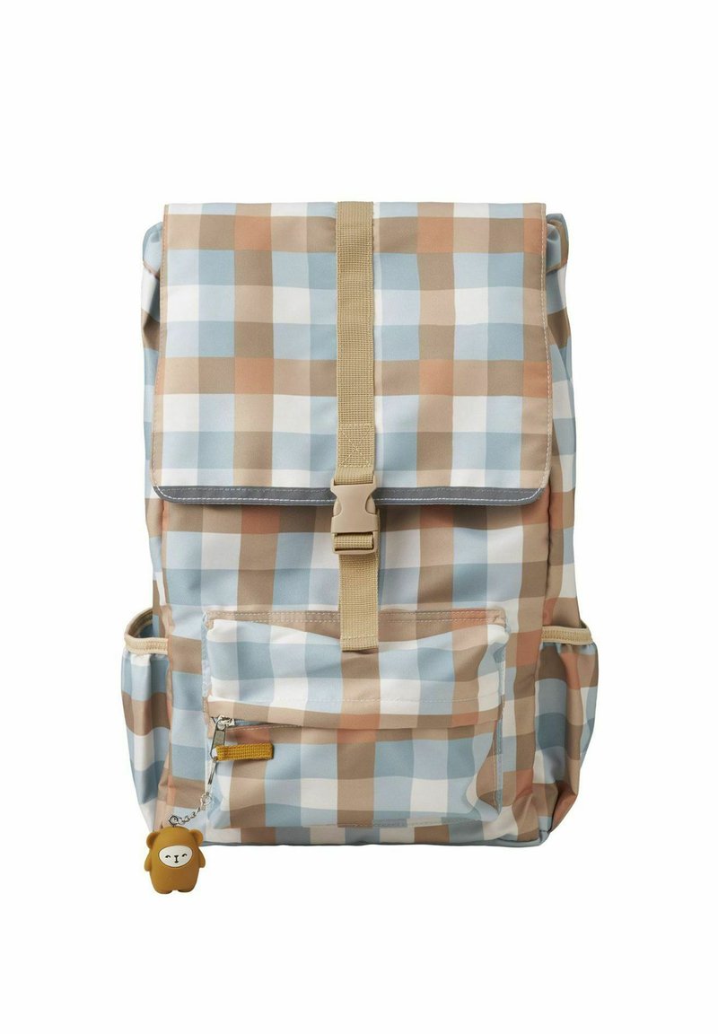 Karo-Rucksack in Blau, Braun und Creme; verfügt über eine Fronttasche, verstellbare Träger und einen Reißverschluss-Zipper in Bärenform.