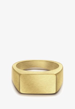 Anillo de metal color oro con textura cepillada, que presenta una parte superior plana rectangular y bordes redondeados, mostrando simplicidad en su diseño.