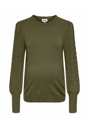 Pull tricoté vert olive à manches longues avec manches bouffantes, encolure ronde et poignets et ourlet côtelés.