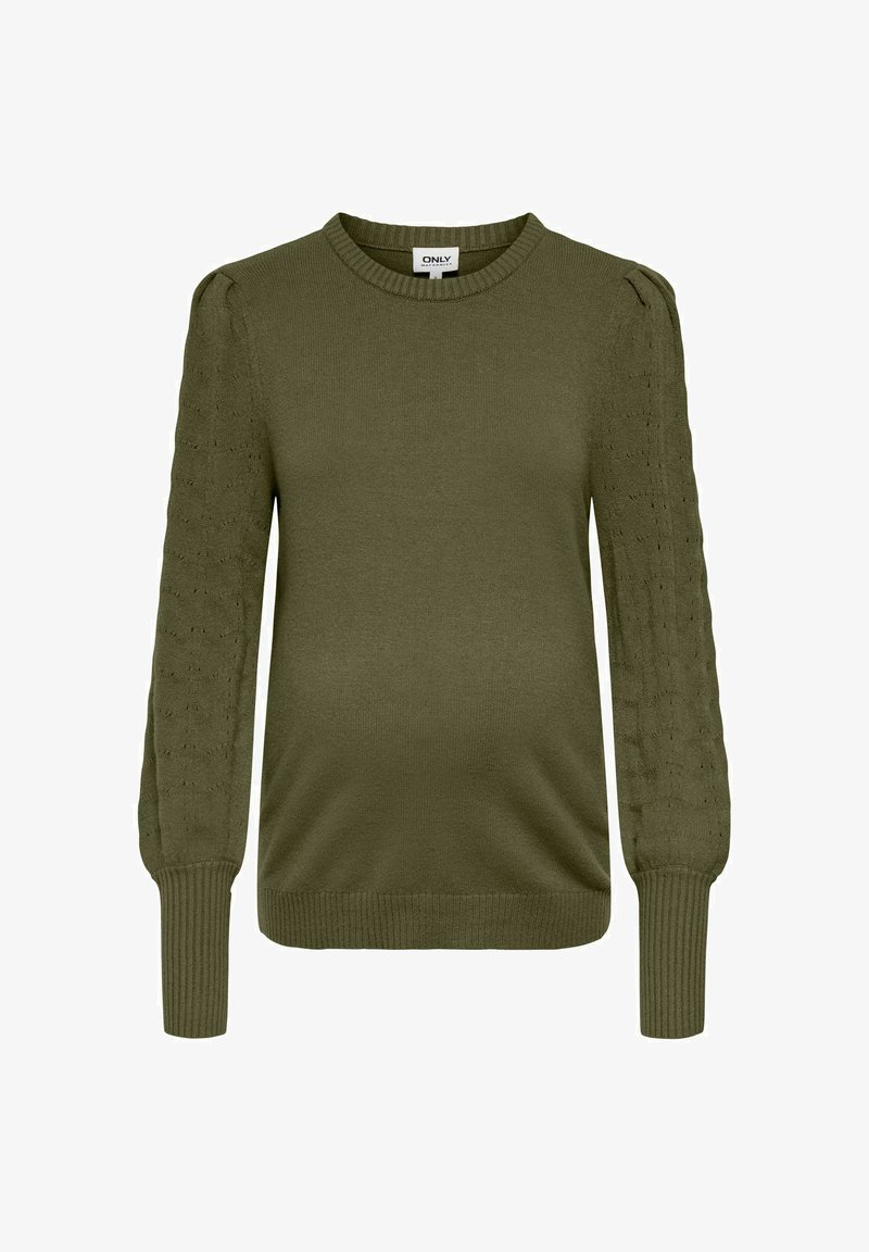 Pull tricoté vert olive à manches longues avec manches bouffantes, encolure ronde et poignets et ourlet côtelés.