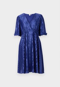 Blue pleated dress with a V-neckline and short puff sleeves. Made of lightweight, shiny fabric with ruffled accents on sleeves.