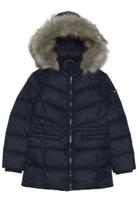 Námořnická pufovaná bunda s umělou kožešinou na kapuci, zipem vpředu a horizontální prošívanou strukturou. Obsahuje dvě přední kapsy a žebrované manžety.