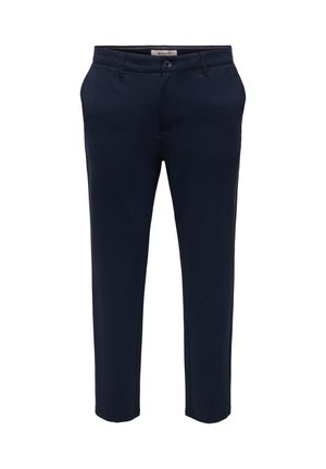 Μακριά ανδρικά παντελόνια σε σκούρο μπλε ναυτικό χρώμα, στενή εφαρμογή, με κουμπιά και φερμουάρ, θηλιές για ζώνη και πλαϊνές τσέπες, μέχρι τον αστράγαλο.