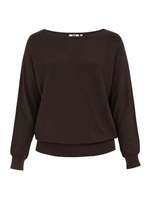 Bruine gebreide trui met een brede hals en lange mouwen met een drop-shoulder. Heeft een relaxte pasvorm met een cropped zoom en geribbelde manchetten.