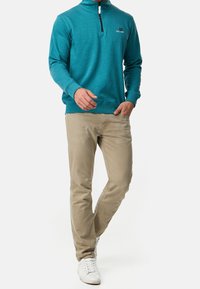Sudadera de cuello alto en color teal fabricada en un tejido suave, combinada con chinos beige claros y zapatillas blancas. Presenta un ajuste casual y un detalle de logo bordado.