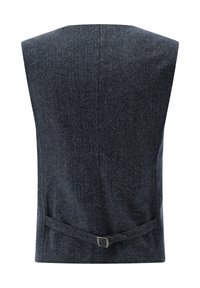 Ärmellose, dunkelgraue Fischgrät-Weste mit tailliertem Rücken, ausgestattet mit einem Schnallendetail und einer glatten Stoffstruktur.