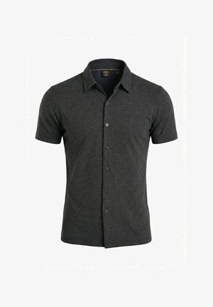 Donkergrijs overhemd met korte mouwen en knopen, met kraag, getoond op een witte achtergrond, maat medium.
