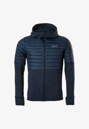 Granatowa kurtka zapinana na zamek błyskawiczny z pikowaną górną częścią, przyszytym kapturem ze ściągaczami i logo "Swedemount" na piersi.