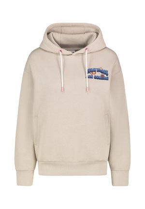 Beige Kapuzenpullover mit Kängurutasche vorne, Kordelzugkapuze und buntem "Great Things Are Coming"-Motiv auf der Brust. Weiche Textur.