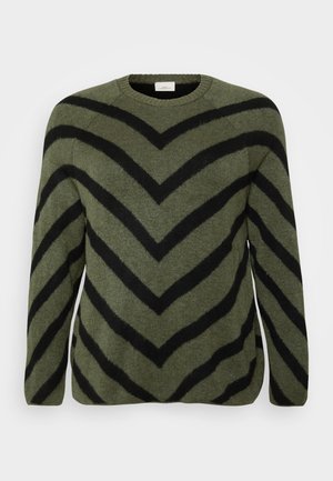 Green sweater with black chevron stripes. Round neckline, long sleeves, and soft texture. Straight hem with slight side slits.