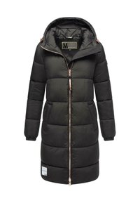 Zwarte gevoerde jas met een capuchon, voorzien van een ritssluiting, twee voorzakken en elastische manchetten. Roze gouden hardware accenten en logolabel.