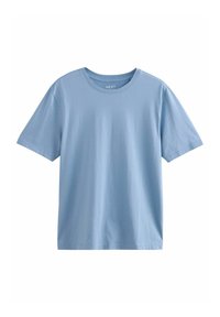 Gaiši zils īss piedurkņu T-krekls, kas izgatavots no mīksta kokvilnas. Tam ir apaļa apkakle un vienkāršs dizains bez rakstiem vai akcentiem.