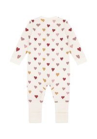 Cremfarbener Baby-Body mit langen Ärmeln, bedeckt mit Herzmustern in Rot, Pink, Senfgelb und Lila.