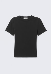 Black short-sleeve T-shirt made of soft cotton, featuring a crew neckline and a regular fit, with no visible patterns or accents.