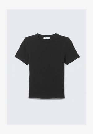 Fekete, rövid ujjú póló puha pamutból, kerek nyakkivágással és normál szabással, látható minták vagy díszítések nélkül.
