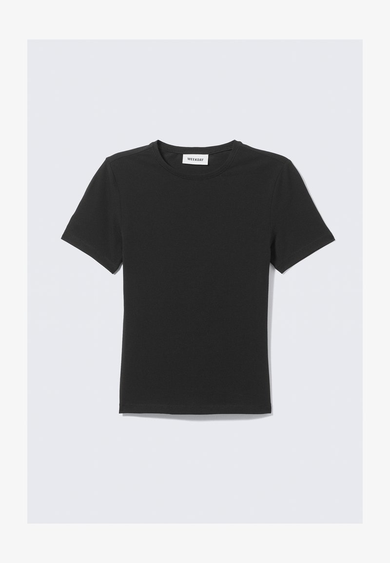 T-shirt noir à manches courtes en coton doux, avec un col rond et une coupe régulière, sans motifs ni accents visibles.