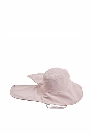 Cappello da sole a tesa larga rosa chiaro con aletta estesa sul collo e cinturino regolabile per il mento per una protezione solare completa.