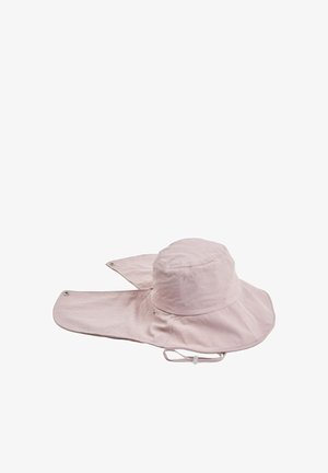 Chapeau de soleil à large bord rose clair avec rabat de cou prolongé et sangle de menton réglable pour une protection solaire complète.