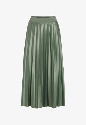 Jupe maxi plissée dans une teinte de vert doux. Fabriquée en tissu brillant avec une taille élastique, présentant des plis verticaux sur l'ensemble.