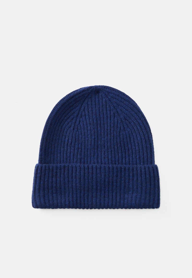 Navy blue knit beanie hat with a ribbed texture, featuring a folded cuff and a seamless crown design. Made from soft, stretchy material.