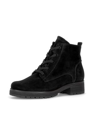 Black suede ankle boot with lace-up front, low block heel, and sturdy rubber sole.