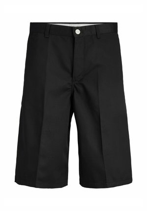 Black knee-length shorts with belt loops, front button, and clean, smooth fabric.