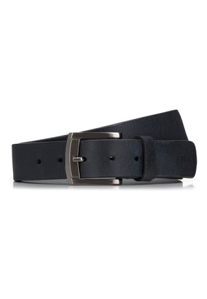 Black leather belt with a smooth texture and a rectangular silver metal buckle. Features several holes for adjustment and a stitched edge.
