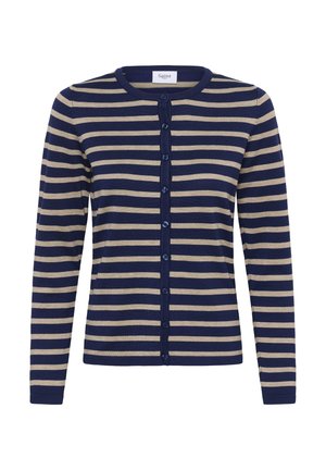 Námornícky modrý a béžový pruhovaný sveter na zapínanie z jemnej pleteniny, s okrúhlym výstrihom, zapínaním na gombíky vpredu a dlhými rukávmi s priliehavými manžetami.