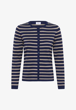 Námornícky modrý a béžový pruhovaný sveter na zapínanie z jemnej pleteniny, s okrúhlym výstrihom, zapínaním na gombíky vpredu a dlhými rukávmi s priliehavými manžetami.