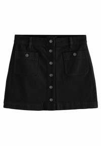 Fustă din denim negru cu croi drept, dotată cu închidere frontală cu nasturi, două buzunare frontale și o textură netedă.