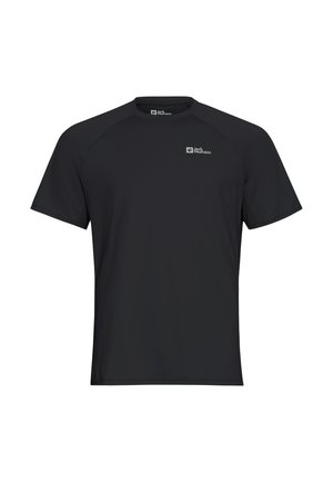 Maglietta sportiva nera a maniche corte realizzata in un tessuto leggero. Presenta un collo rotondo e un logo discreto sul petto.