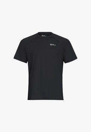 Schwarz kurzärmliges Performance-T-Shirt aus leichtem Stoff. Verfügt über einen Rundhalsausschnitt und ein subtiles Logo auf der Brust.