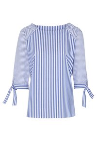 Blouse rayée bleu et blanc à manches trois-quarts, avec des détails noués aux poignets et un col rond. Tissu léger.