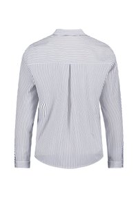 Striped long-sleeve shirt in white and navy blue. Features a back pleat, classic collar, and buttoned cuffs, made from a lightweight fabric.