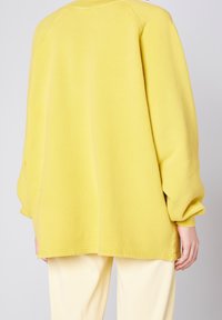 Gul oversize sweatshirt med långa ärmar, ribbade muddar och rundad halsringning. Mjuk textur, enkel nederkant och inga synliga mönster.
