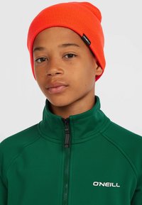 Berretto a righe arancione indossato con una giacca verde con zip dotata di un alto colletto e logo bianco sul lato sinistro del petto. Sfondo bianco puro.