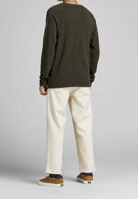 Olivgrüner Pullover mit langen Ärmeln und einem runden Halsausschnitt, kombiniert mit cremefarbenen, locker sitzenden Hosen und braunen Sneakers mit weißen Sohlen.