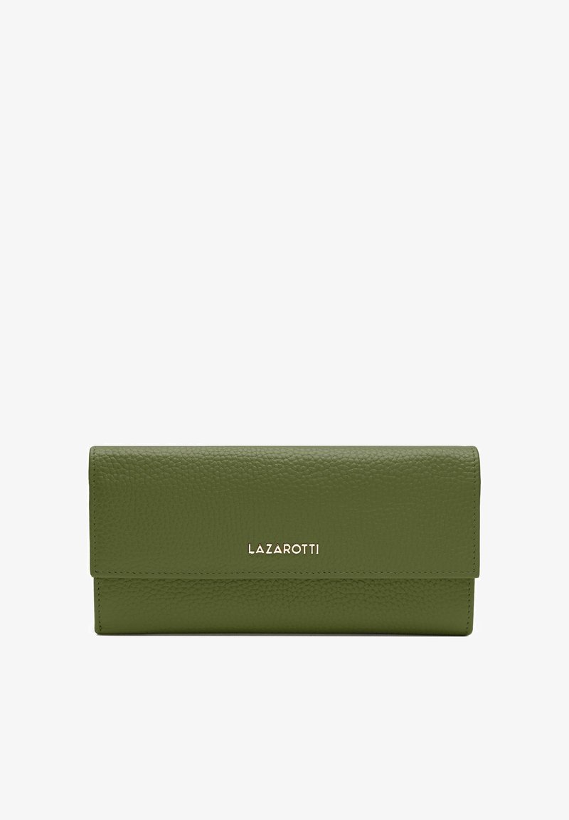Portafoglio in pelle verde con superficie testurizzata, dotato di chiusura a linguetta magnetica e logo impresso sul davanti. Design orizzontale.
