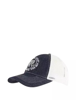 Casquette de baseball en denim avec un dos en mesh blanc, visière courbée et un patch logo rond portant le texte "Heart and Soul" en noir.